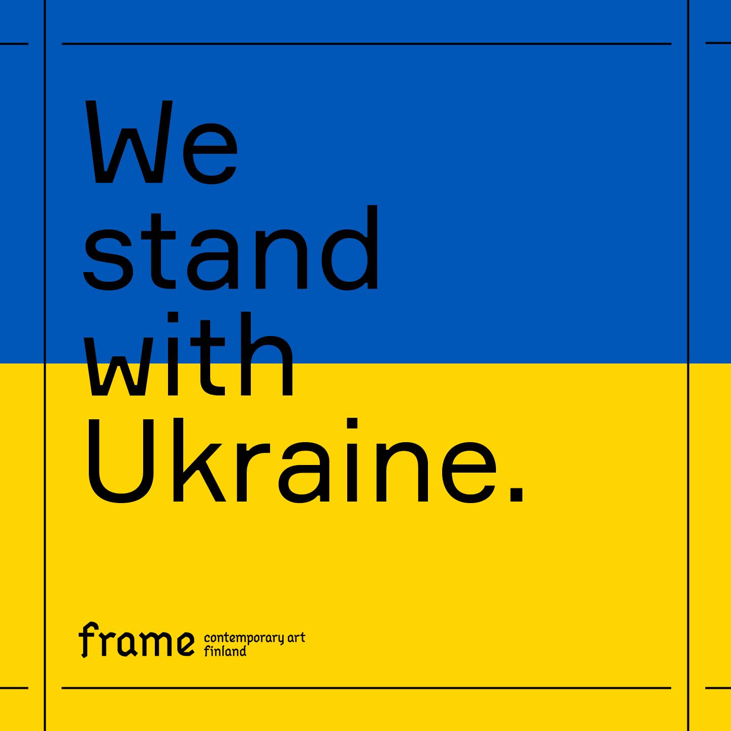 Ukraine flag colours, blue and yellow, with the text 'We stand with Ukraine'