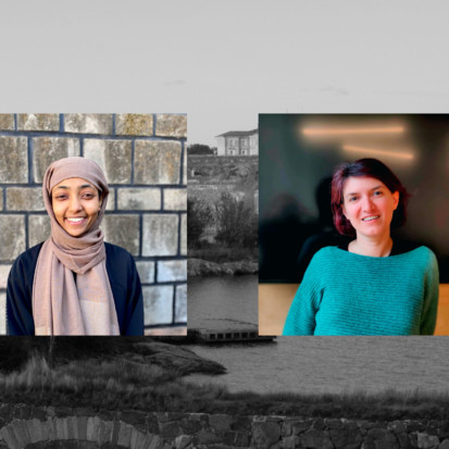 On the left, A headshot of sarah, a black-skinned person, in front of a cinder block wall. she's smiling and looking at the camera. she's wearing a light brown headscarf and black shirt. On the right, Raluca Voinea, a white-skinned person with dark hair, looks into the camera with a smile. She is is wearing a bright sweater, against a black background.