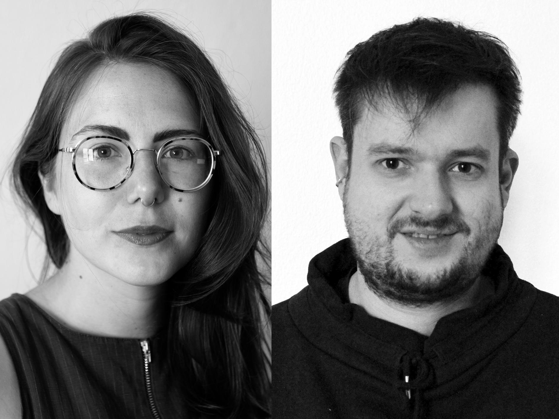 A black-and-white collage of two portraits. On the left, Yvonne Billimore, a white person with dark long hair is looking to the camera and wearing round-shaped eyeglasses. On the right, Francisco Trento, a white person with dark short hair is looking at the camera and smiling.