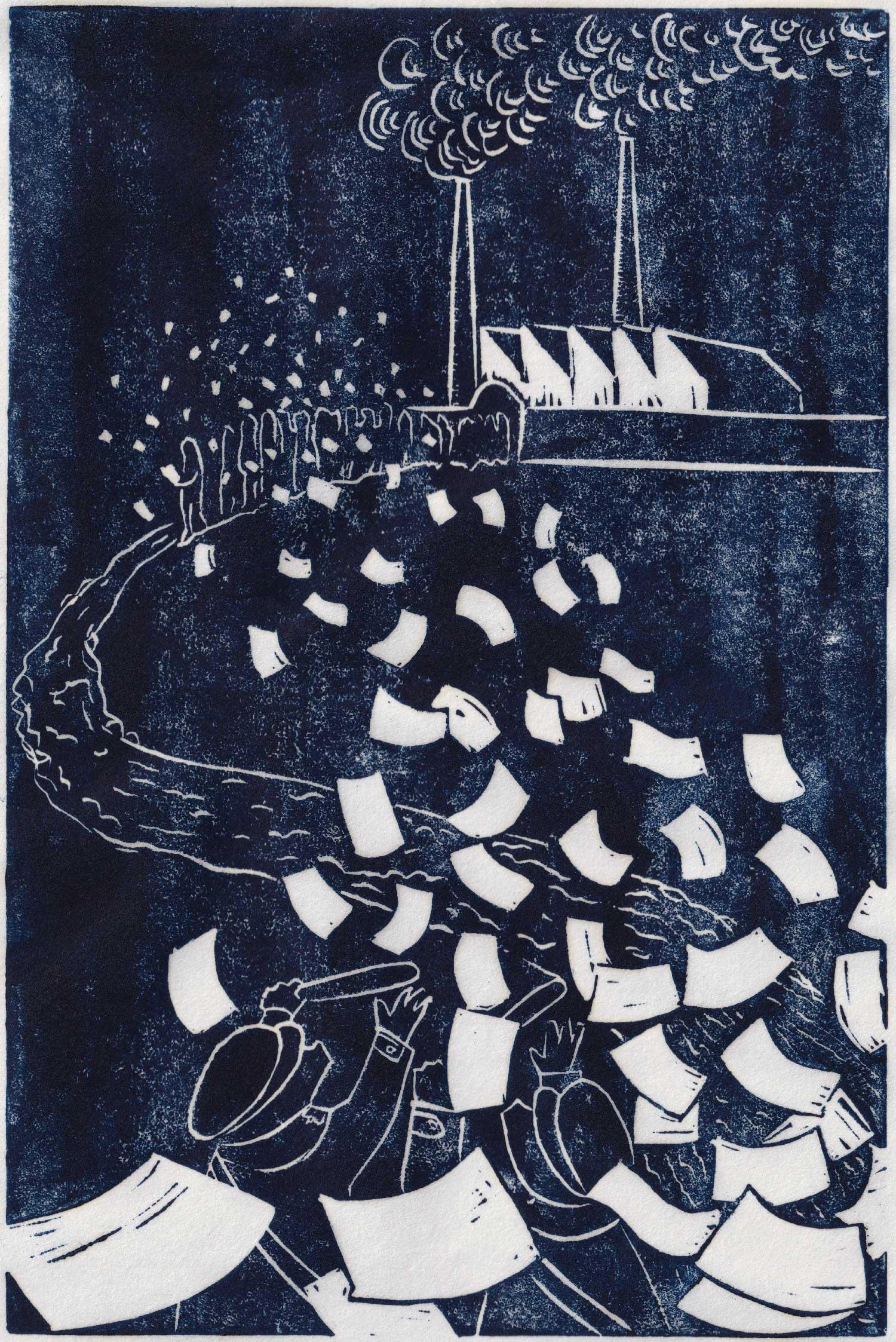Linocut print titled 'Leaflets' by Minna Henriksson depicting a stream of flying paper leaflets, with a factory and a crowd of presumably factory workers in the background. In the foreground, 2 police-like figures trying to respond to the flying leaflets.