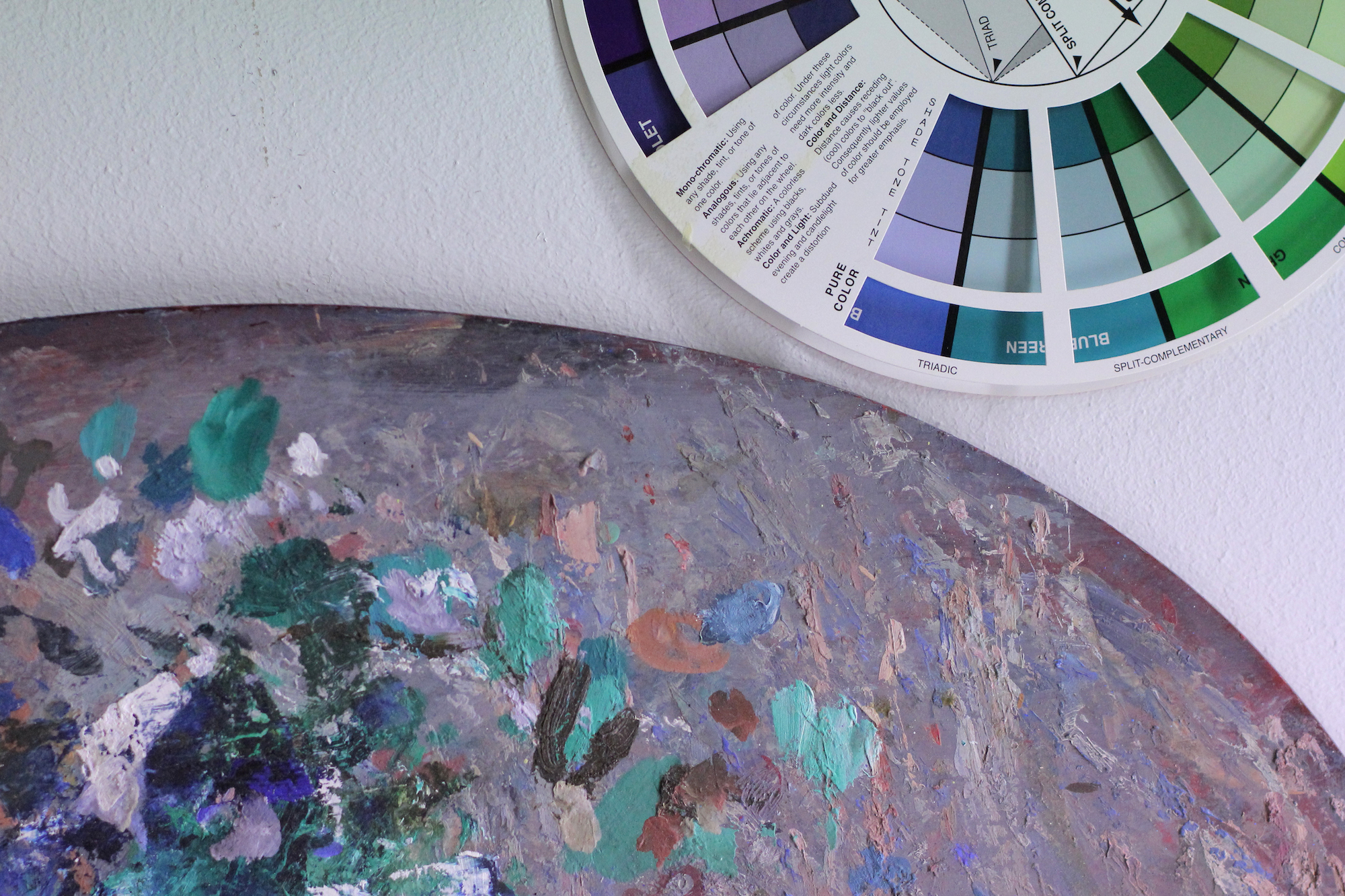 A closeup image of a palette with green, blue, grey and brown paint stains. Next to it is a colour wheel.
