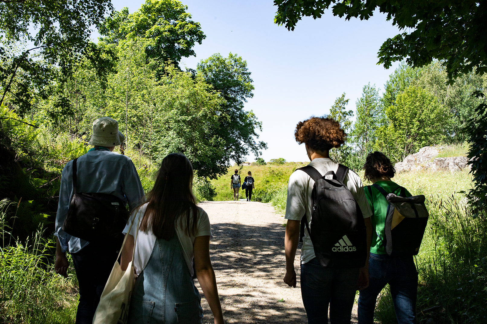 Four people walking on a sand road surrounded by lush greenery.