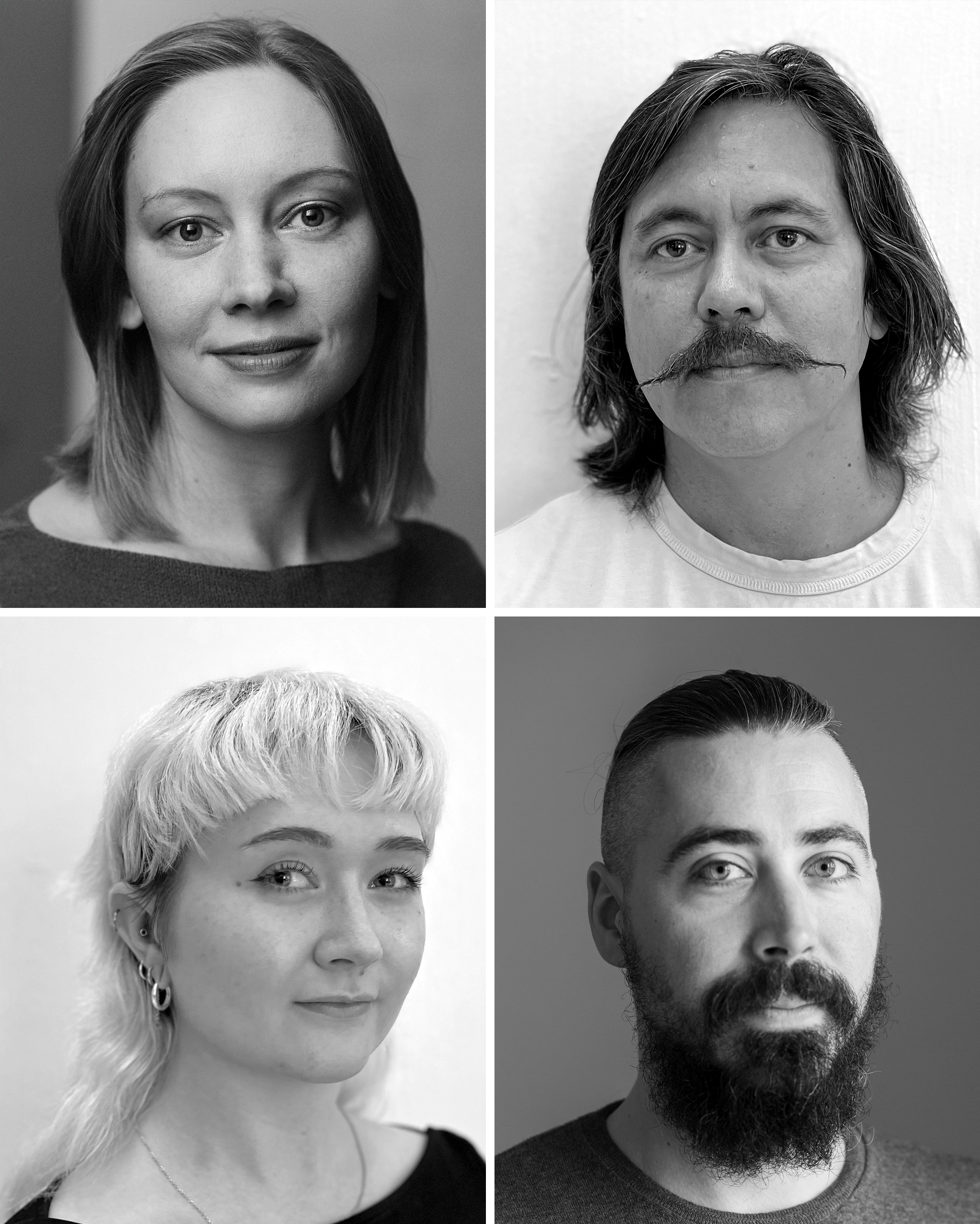 Four black and white portraits of Frame's new staff members.