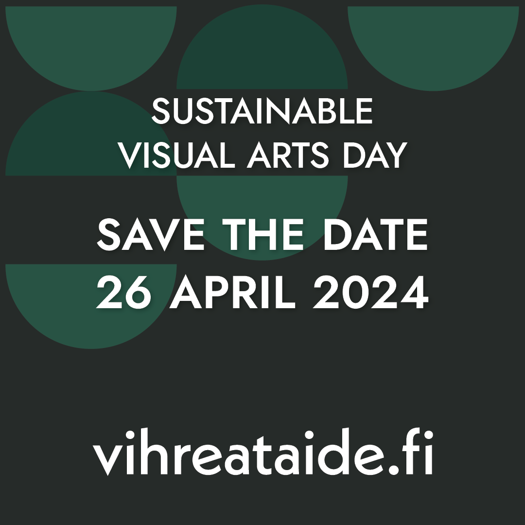 White text on a dark green background. The text tells about the sustainable visual arts day of 26 April 2024.