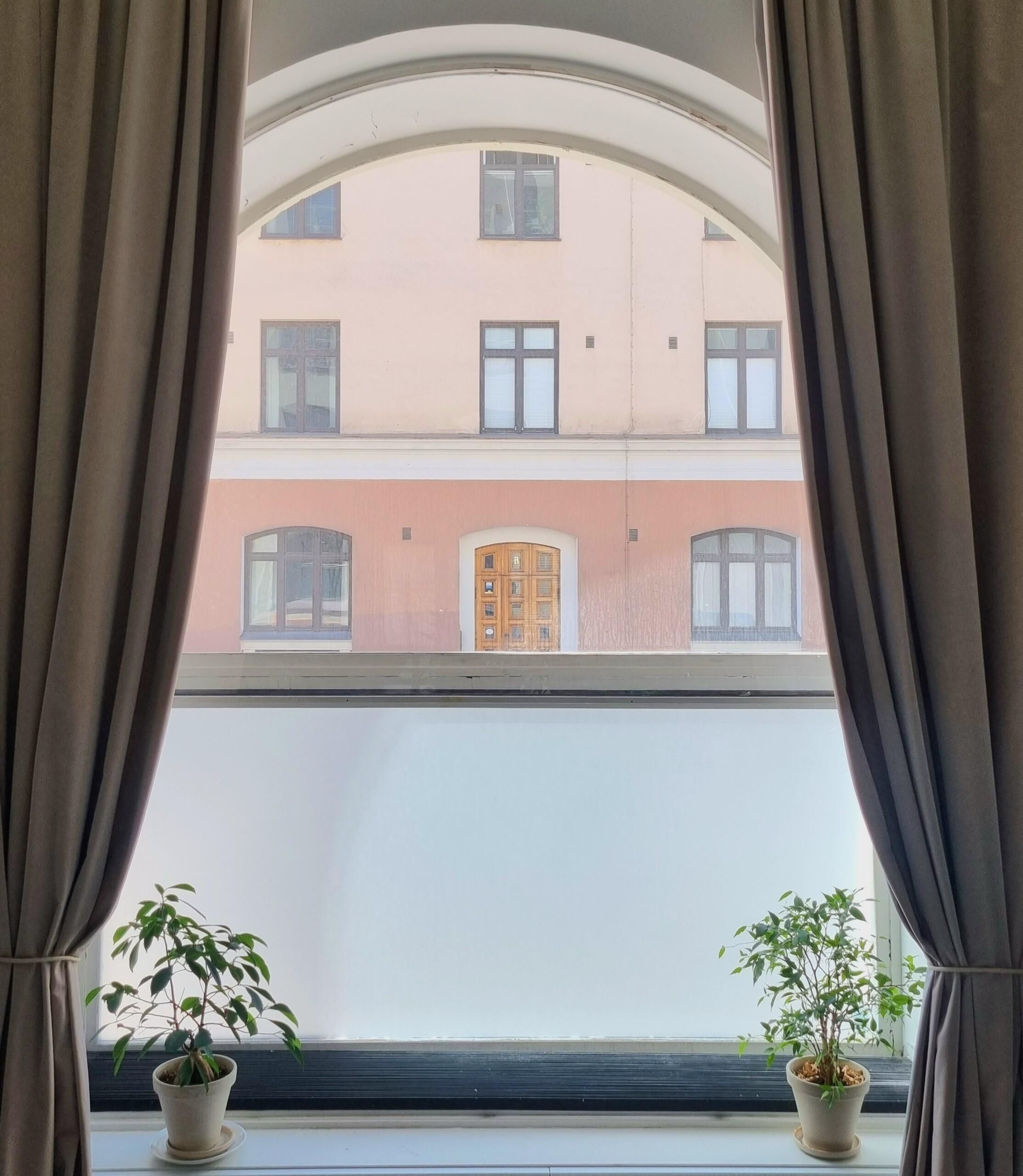A curved, large window showing a street outside. There are two beige curtains framing the window and two houseplants on the windowsill.